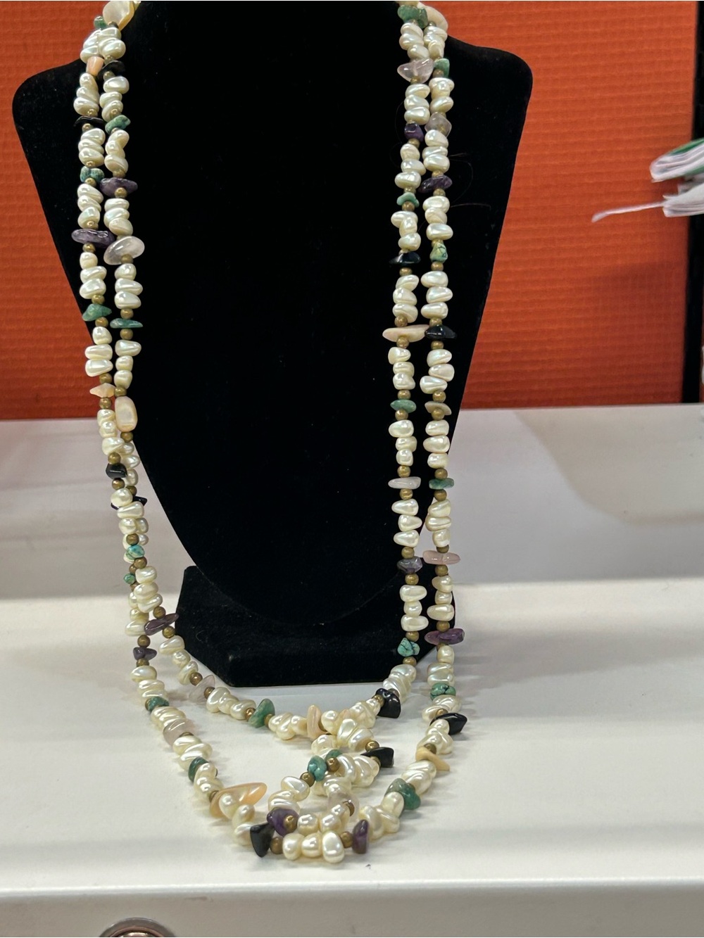 2 strands faux pearl and natural stone necklaces